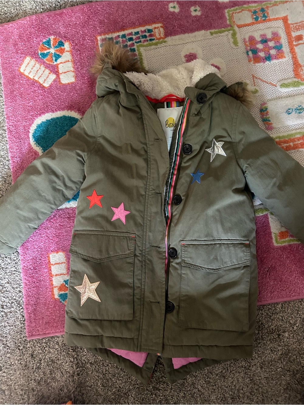 Boden Olive Green Jacket with Cream Sherpa Lining